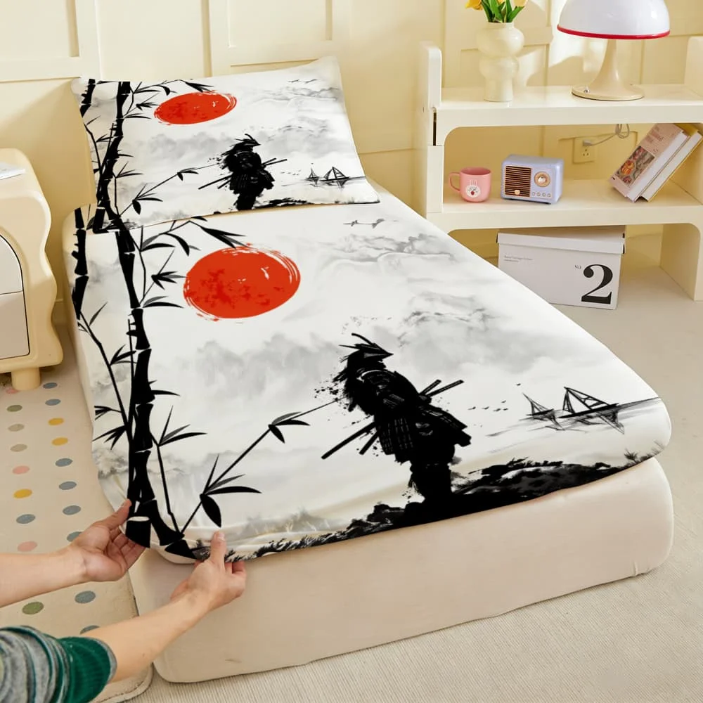 1pc Japanese Ink Wash Samurai Print Fitted Sheet Deep Pocket Elastic Mattress Cover Single Double Queen King Bedroom Decor