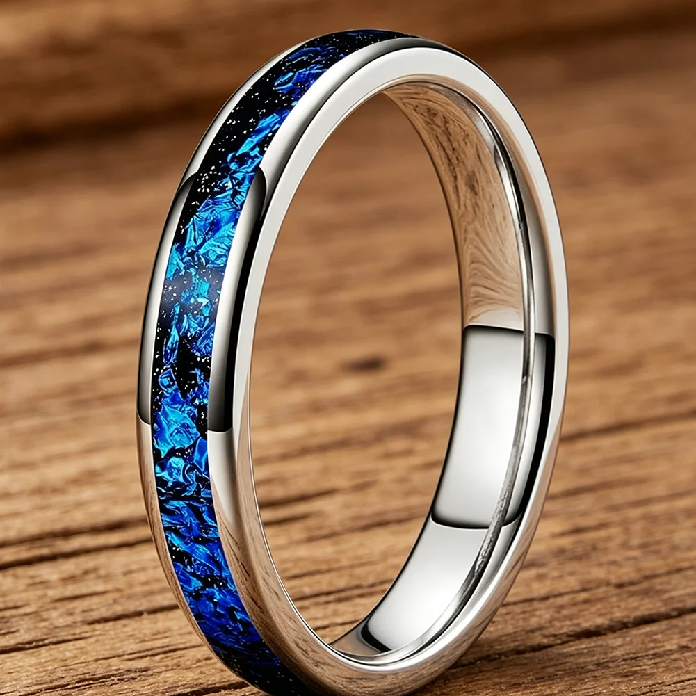 4mm Wolframcarbid-Eheringe mit blauer Folien-Einlage für Männer und Frauen, trendiger Verlobungsschmuck, poliert, glänzend, bequeme Passform – Detail 9