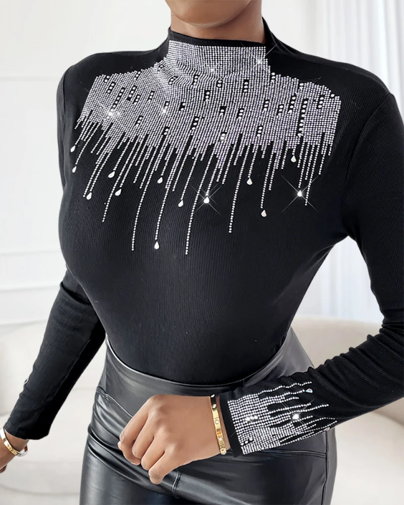 Rhinestone Stand Collar Slim Fit Long Sleeve Elegant T-Shirt for Women Utumn Clothes Woman 2025 Round Neck Clothing Top