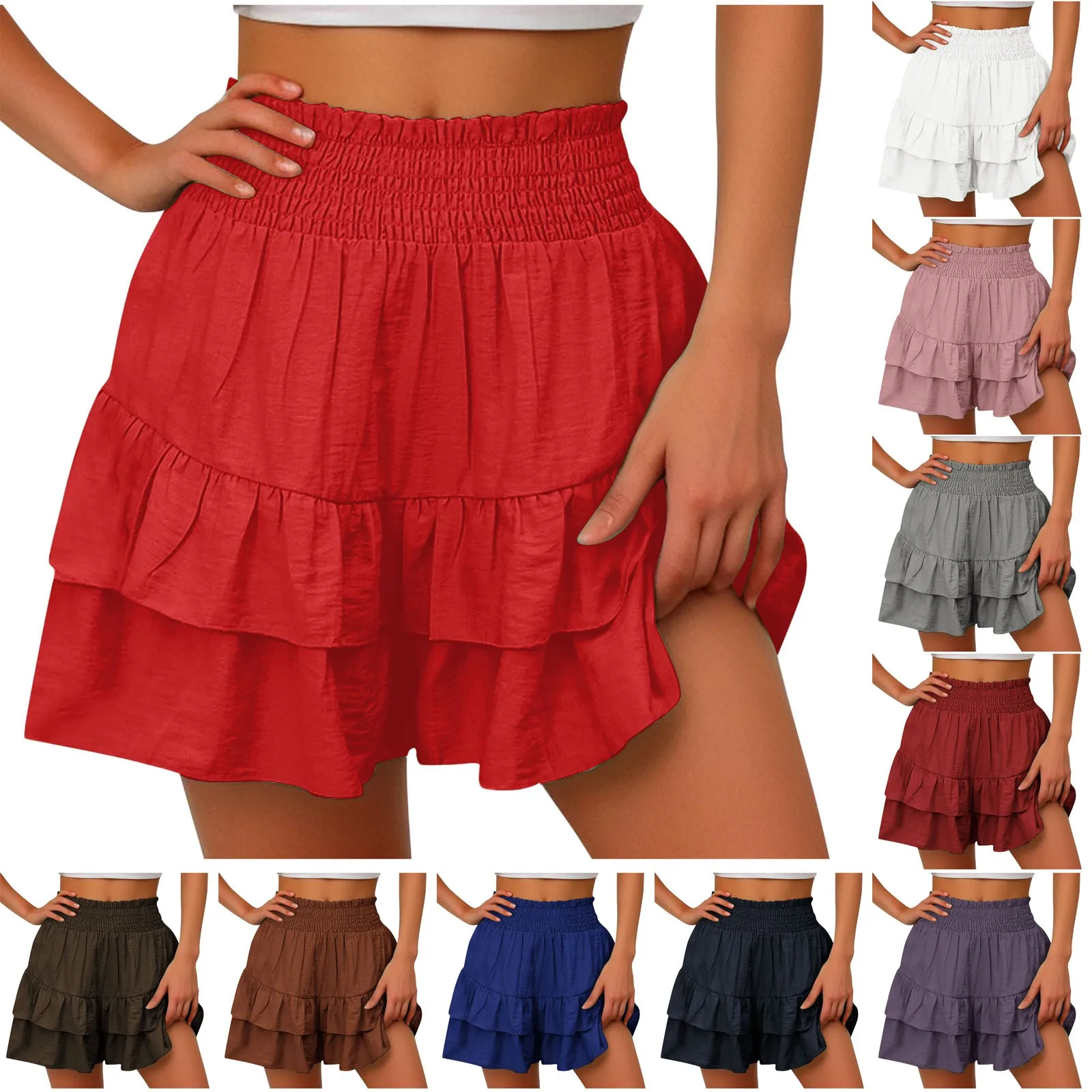 2025 Summer Shorts For Women Ruffles Layered Elastic High Waist Wide Leg Shorts Casual Loose Vacation Beach Shorts шорты женский