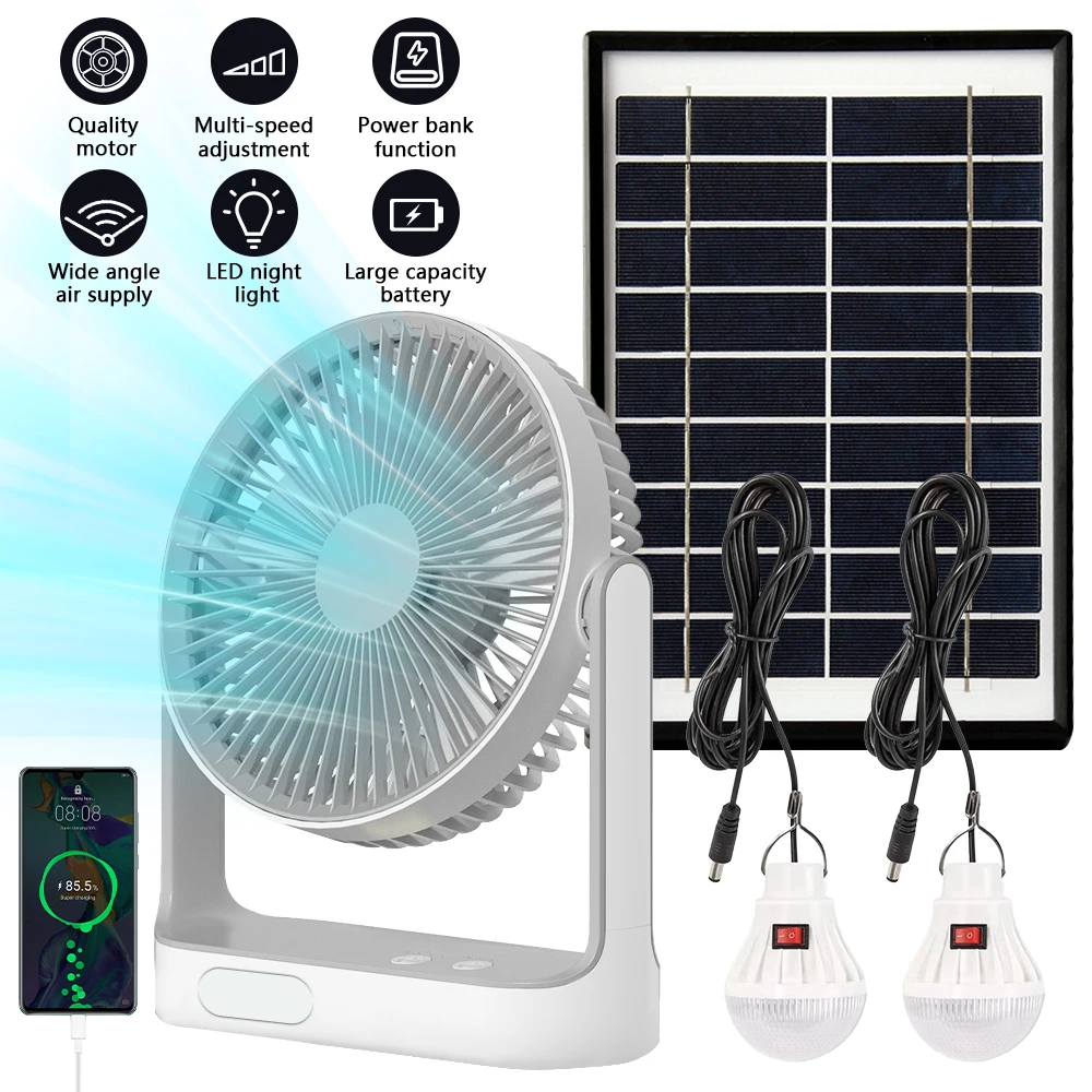 

6-дюймовый USB перезаряжаемый настольный вентилятор Многофункциональный вентилятор для циркуляции воздуха в спальне с 2 светодиодной лампочками и зарядкой солнечной панели 6 В 4 Вт