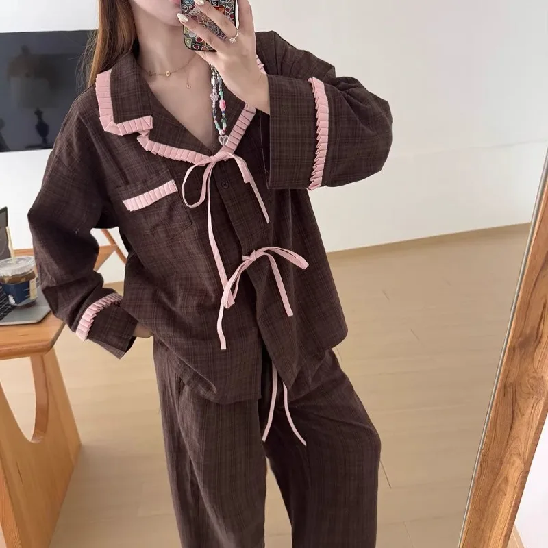 Korean Version of Spring Autumn New Sweet Bow Lace Long Sleeve Trousers Two-piece Pajamas Women's Loungewear Can Be Worn Outside