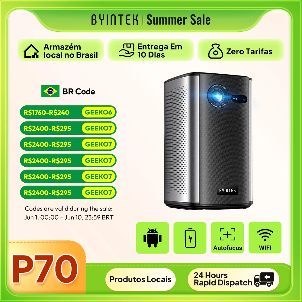 BYINTEK P70 Projetor 4K 1080P DLP Mini Projetor Portátil Home Theater Inteligente Wi-Fi e Bluetooth para Filmes e Jogos Com Bateria