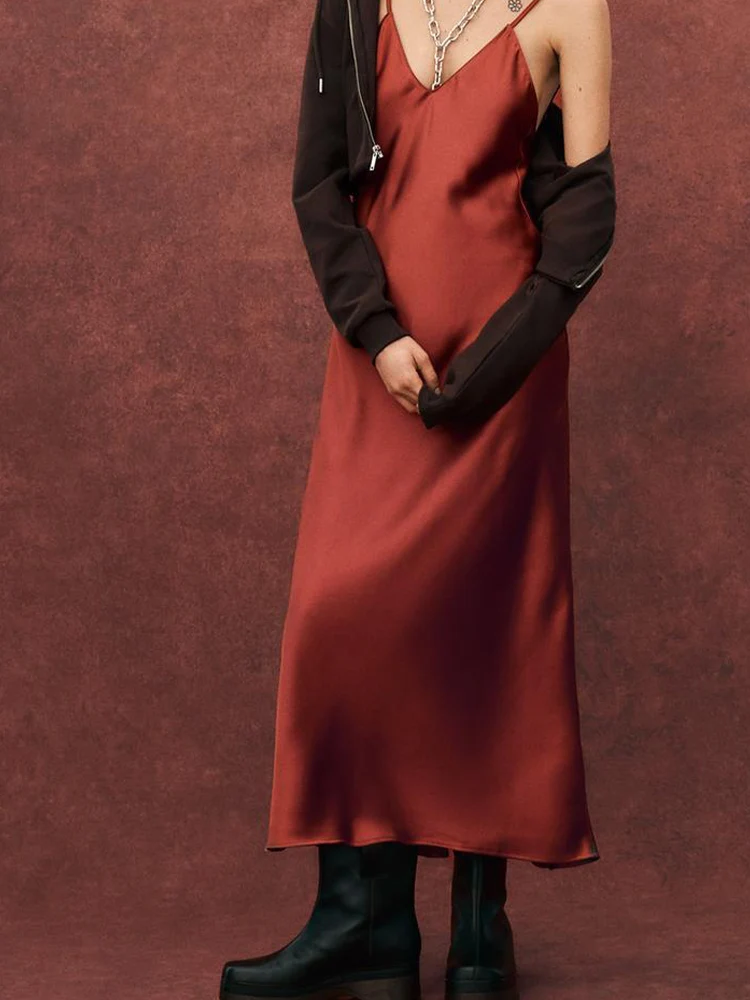 Wiosenna nowa damska sukienka midi w europejskim i amerykańskim stylu, francuska moda, prosta, seksowna, modna, satynowa sukienka midi