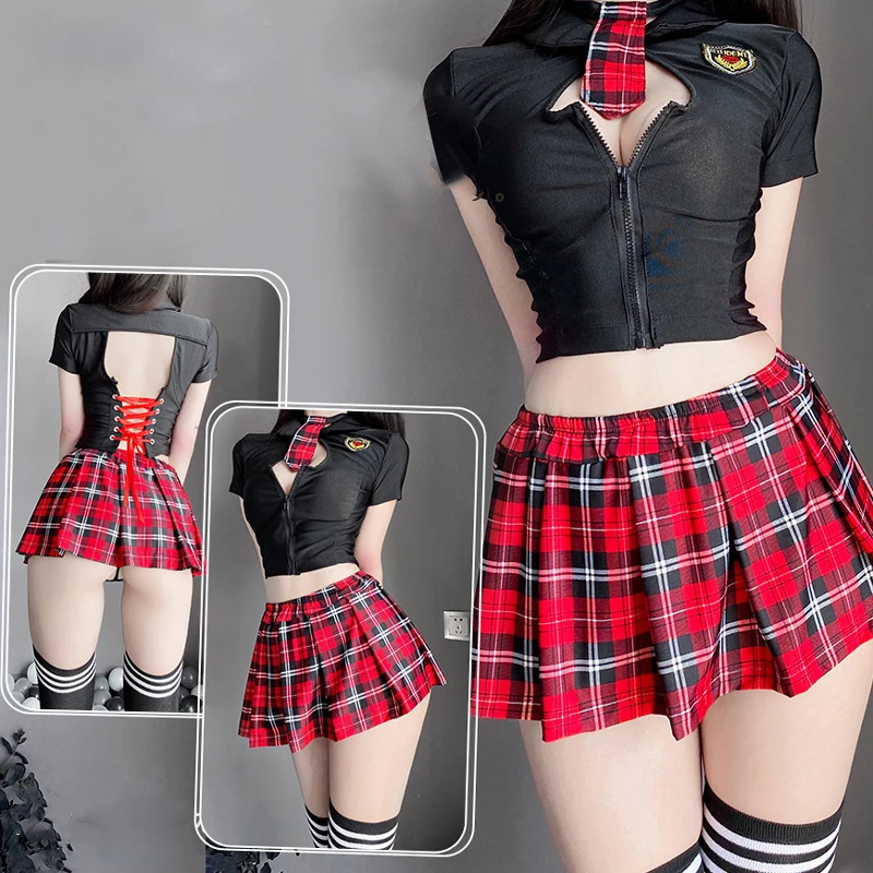 Sexy JK Cosplay Tartan Japanese Schoolgirl Porn Uniform Lingerie Set Embroidery Pleated Role Playing Costume With Plaid Skirt