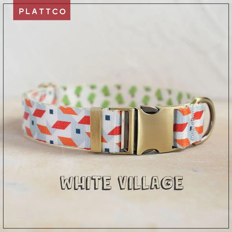 PLATTCO unique design dog collar print WHTTE VILLAGE with high-quality bronze buckle size 5 PDC330Br