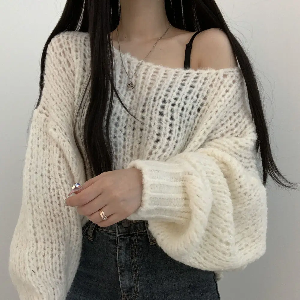 

Loose Lantern Sve Knitted Sweater Women's Spring Autumn New Lazy Sle High-End White Top round Ne Overhead Fem Faion