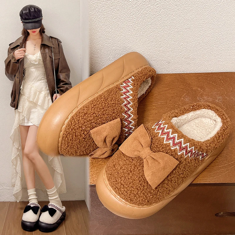 

Fluffy Women's Slippers Home Bow Luxury Designer Winter Woman Shoes Flat Plush Casual Elegant Footwear Indoor Fuzzy Fur Slides