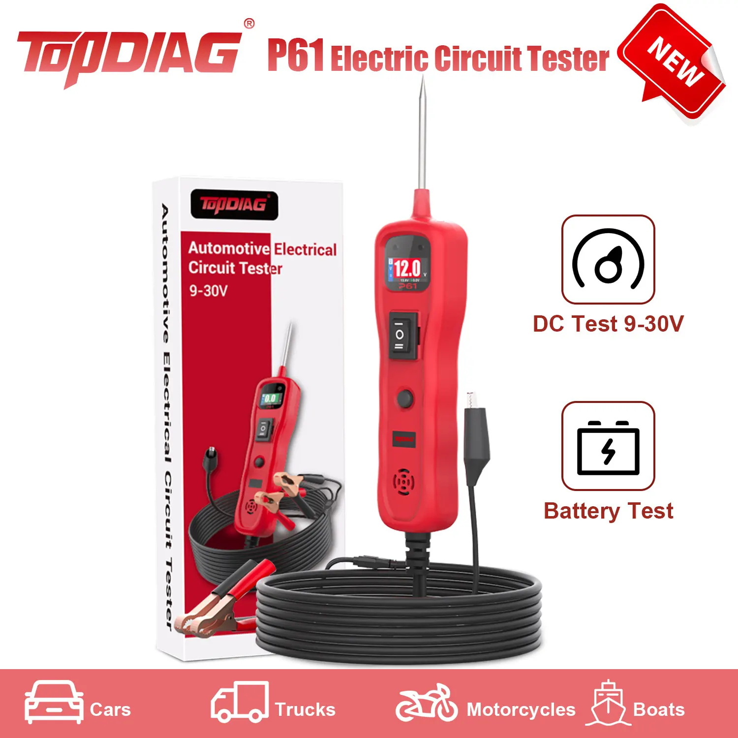 2026 Newest Topdiag P61 Cars&Trucks&Motorcycles&Boats Electric Circuit Tester 9-30V Power Probe Resistant Tester Diagnostic Tool