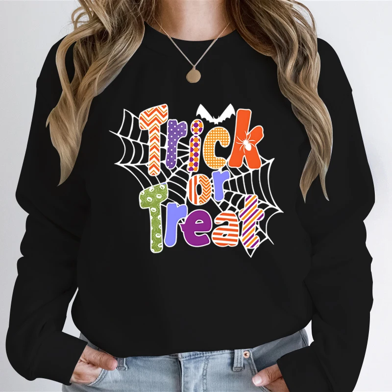 Trick or Treat Happy Halloween Print Sweatshirt Women Spider Web Graphic Halloween Party Sweatshirt Funny Halloween Women Hoodie