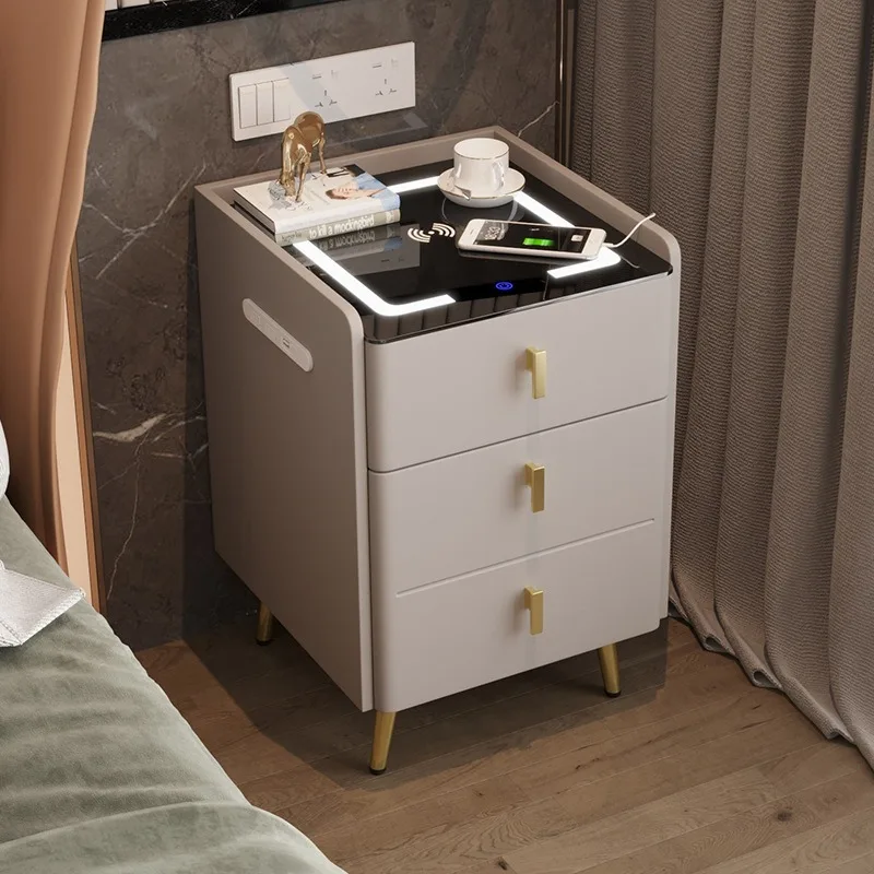 Smart bedside table, safe, integrated bedroom, bedside safe, multi-layer solid wood wireless charging storages cabinets