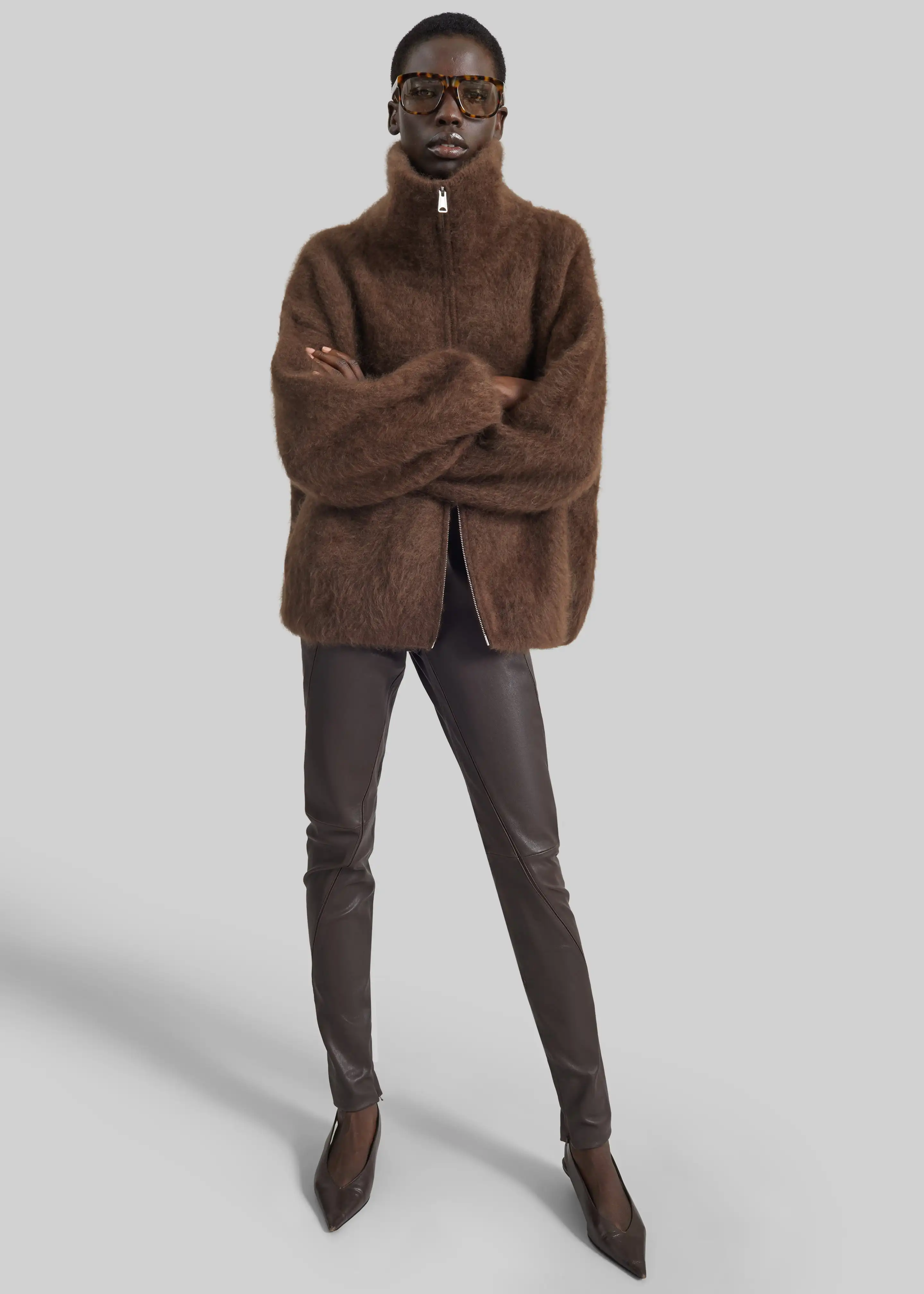 IG Women High Funnel Neck Two-Way Zip Fuzzy Knit Jacket, Oversized Long Sleeve Side Pockets, Winter Warm Minimalist Outerwear