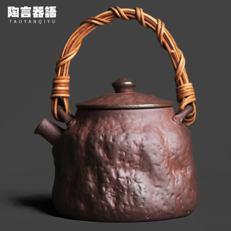 

Vintage Thick Old Rock Rough Pottery Stone Texture Boiling Tea Kettle with Handle, Chinese Charcoal Electric Stove Large Kettle