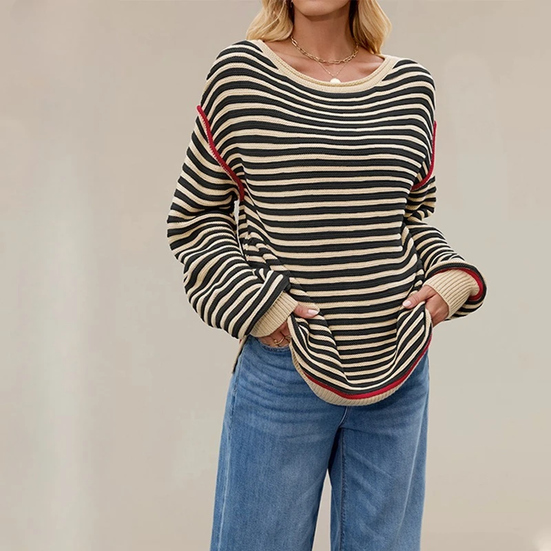 

2025 Новый женский полосатый вязаный свитер большого размера, повседневный мягкий пуловер с длинными рукавами и круглым вырезом, топы