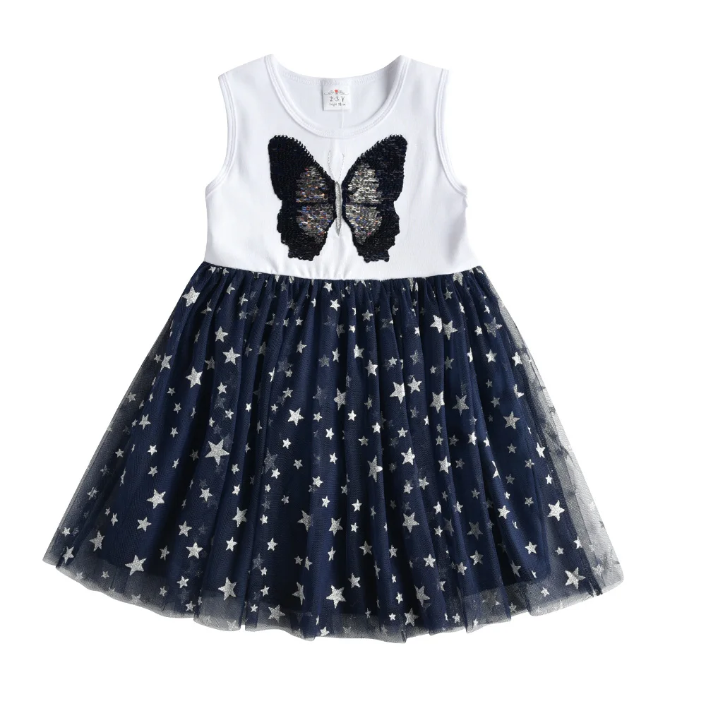 VIKITA Girls Sleeveless Summer Dress Kids Butterfly Sequined Appliqued Princess Party Dress Girls Star Birthday Mesh Dresses