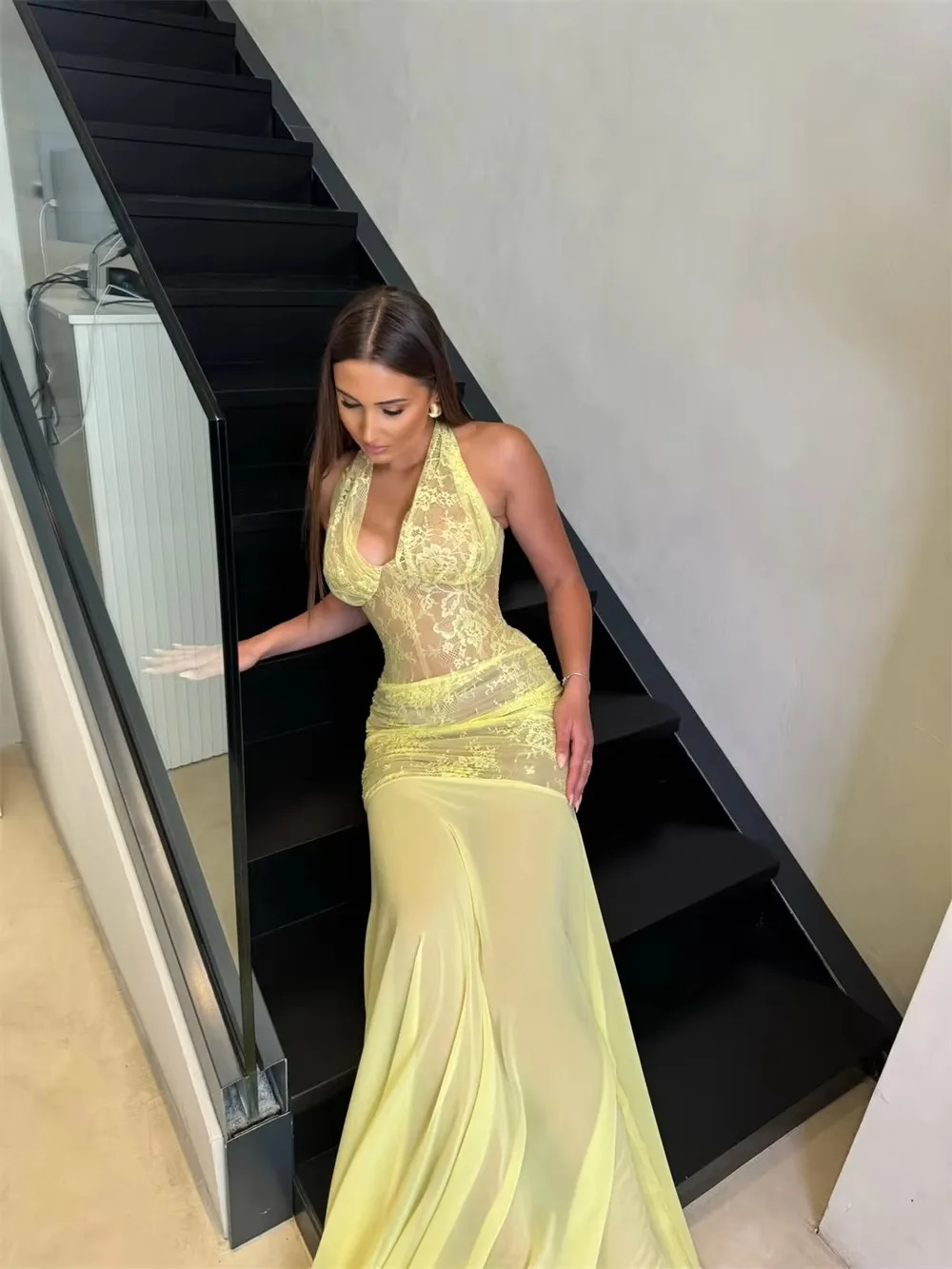 Ladies Halter Mermaid Dresses Yellow Deep V Lace Sheer Top Chiffon Skirt Long Formal Evening Wedding Party Prom Dresses
