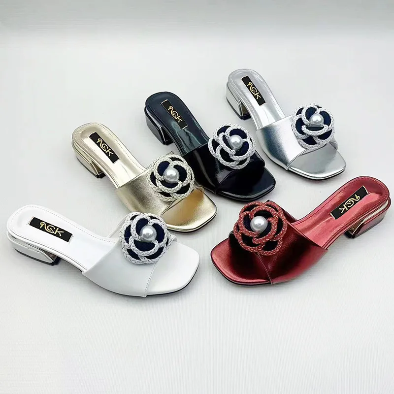 

Elegant Pearl Flower Chunky Heels Sandals Women Summer Sexy Peep Toe High Heels Fashion Mule Slippers Party Dress Shoes Large 43