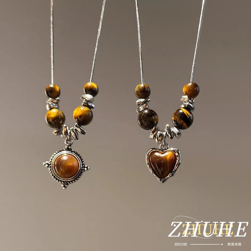 

Natural Tiger Eye Stone Beaded Necklace Jewelry Accessories, Copper Made Four Point Star Sun Heart Pendant Choker For Women Men,