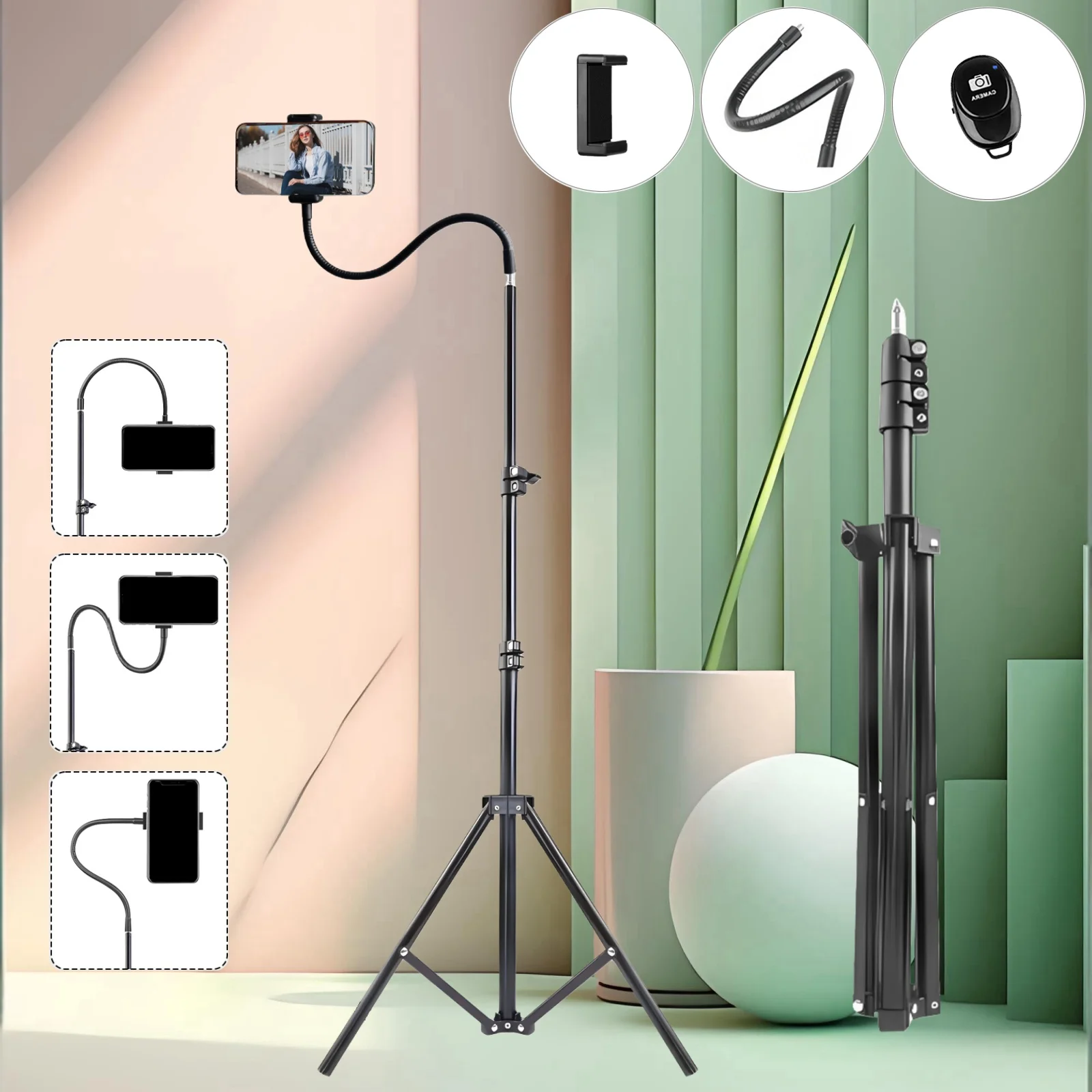 

Портативный алюминиевый штатив 160 см с гибким регулируемым шлангом 35 см, съемным держателем для телефона и беспроводным пультом ДУ для съемки на улице