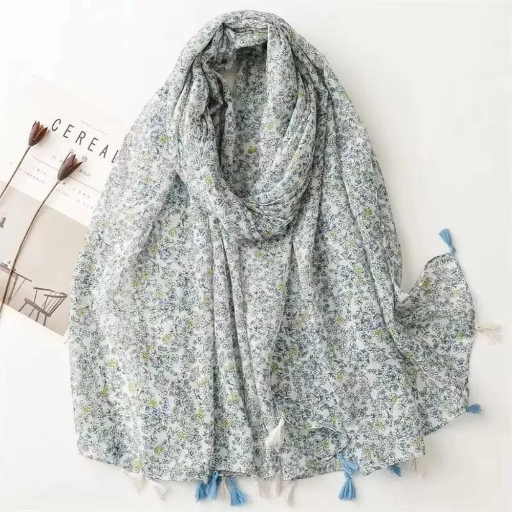 

Fashion Retro Fringed Scarf Flower Print Cotton Linen Feel Travel Beach Towel Long Soft Yarn Shawl Women's Accessory
