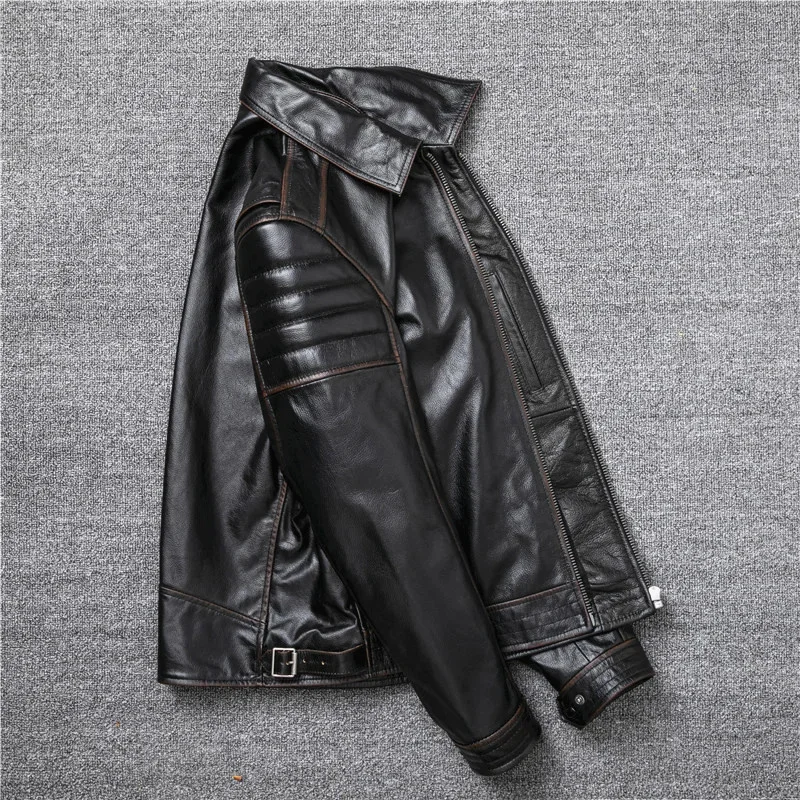 2024 New Style Edging Brown Vintage Genuine Leather jacket Men Cowhide Slim Fashion Biker jackets Clothing Big Size S-5XL