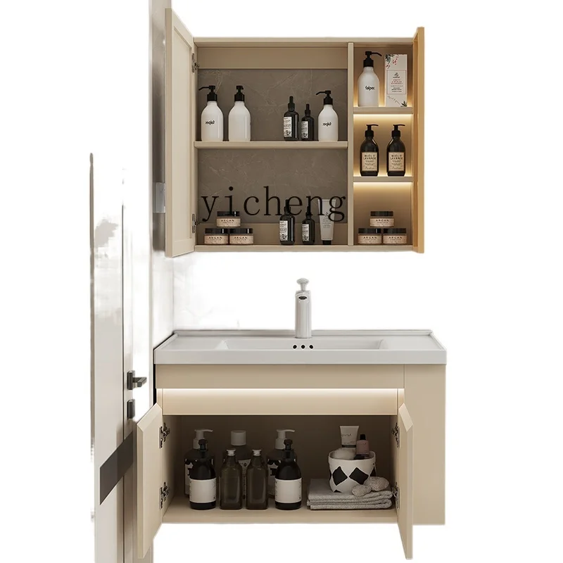 ZC Cream Style Solid Wood Narrow Edge Slender Integrated Ceramic Basin Bathroom Wash Basin Storage Cabinet