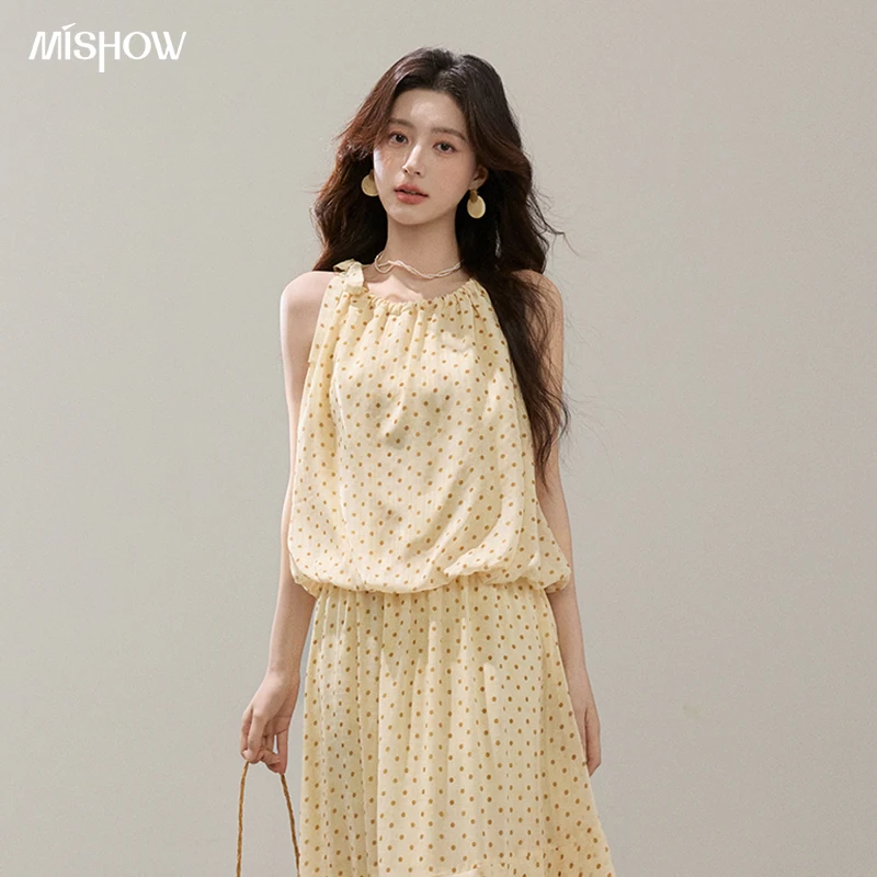 

MISHOW Women's Polka Dot Halter Neck Blouse 2026 Summer Sleeveless Sweet Vacation Blouses Casual Loose Yellow Top MXF13X2532