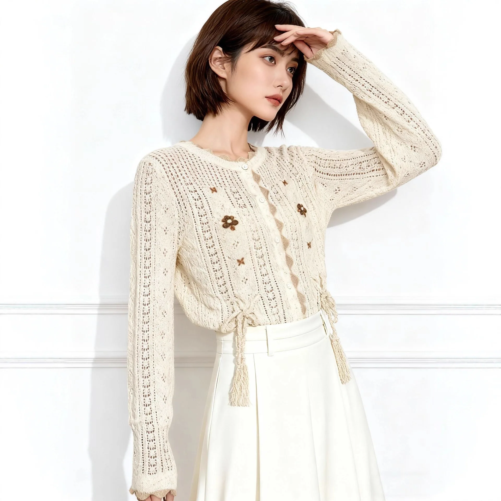 

Французский ретро сладкий и милый стиль вязаный женский кардиган с длинными рукавами и цветочными кисточками