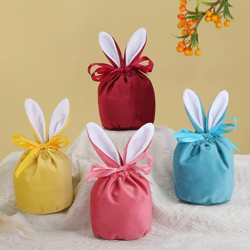 

20pcs Easter Bunny Gift Bags Rabbit Ears Velvet Pouches Chocolate Candy Cookies Packaging Bag Easter Party Present Bag For Kids
