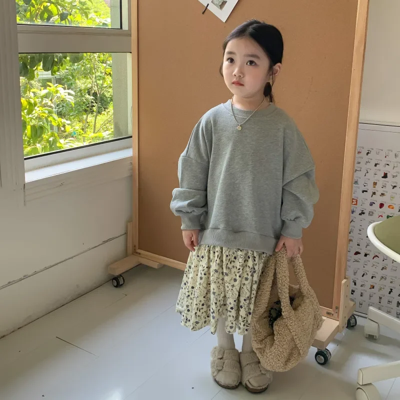 Childrens Dresses New Autumn Outfit Korean 2024 Girl Broken Flowers Autumn Sweatshirt Patchwork Floral Fake Two Items Dresses