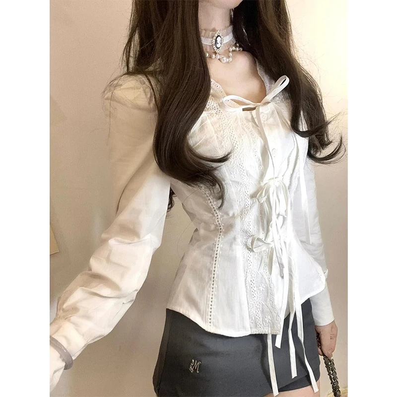 Kawaii Cropped White Shirts Women Fashion Cutecore Lace Bandage Blouses Spring Korean Preppy Single Breasted Long Sleeve Tops