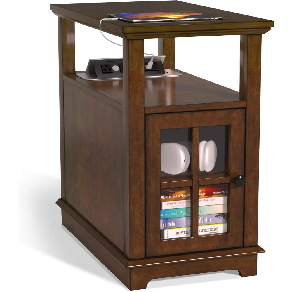 

End Table with Charging Station, Narrow Side Table with Storage, Nightstand for Small Spaces with USB Ports & Power Outlets Bed