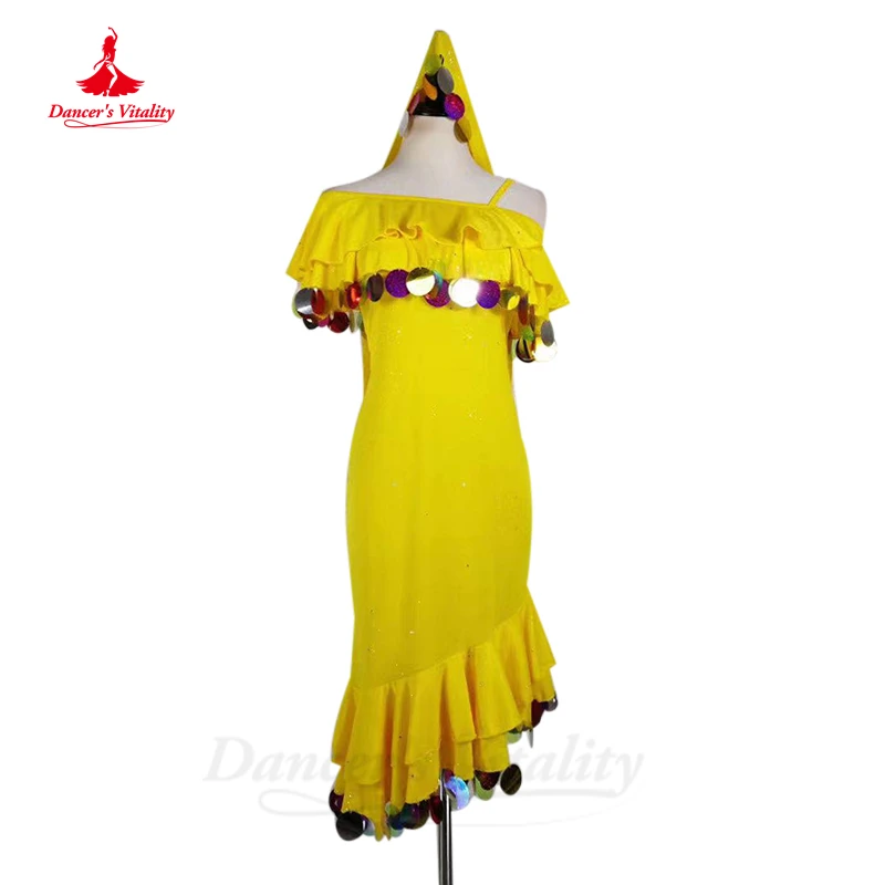 Belly Dance Suit V-neck Top Half Sleeve Short Skirt Set Profession Custom Female Child Adult Sequins Performance Clothing
