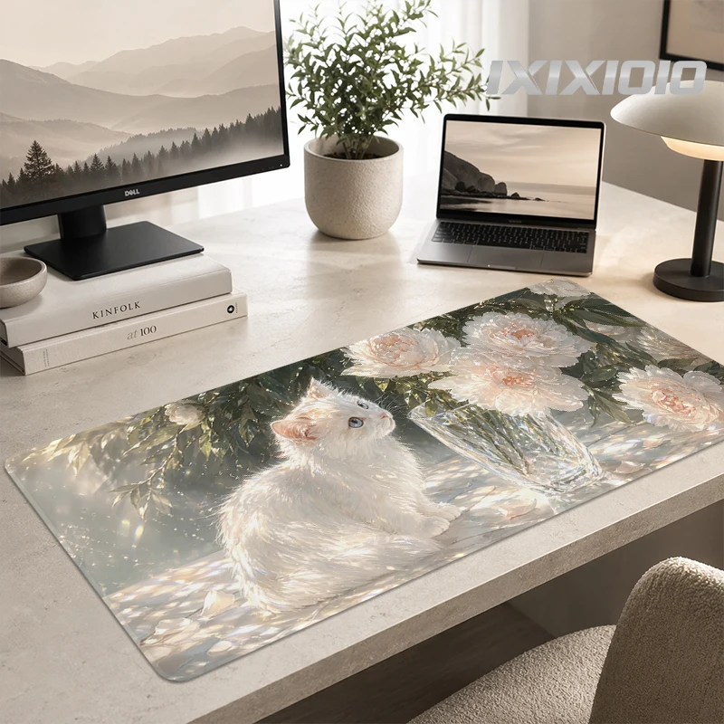 Mouse Pad White Cat Blossoms Gaming printon demand HD New Computer Custom Mousepad XXL Mouse Mat Carpet Office Soft Table Mat