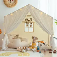 Kids Play Tent, Kids Playhouse Large Princess Castle with Pompoms Curtain, Indoor Playhouse Tent for Girl with Star Lights