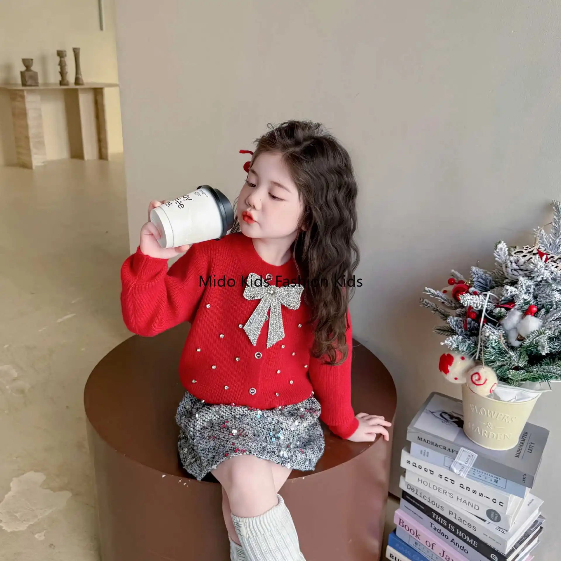 

Girls' Knitted Cardigan Rhinestone Bow Petite Style New Arrival Soft Cosy Autumn/Winter Knit Set for Young Ladies