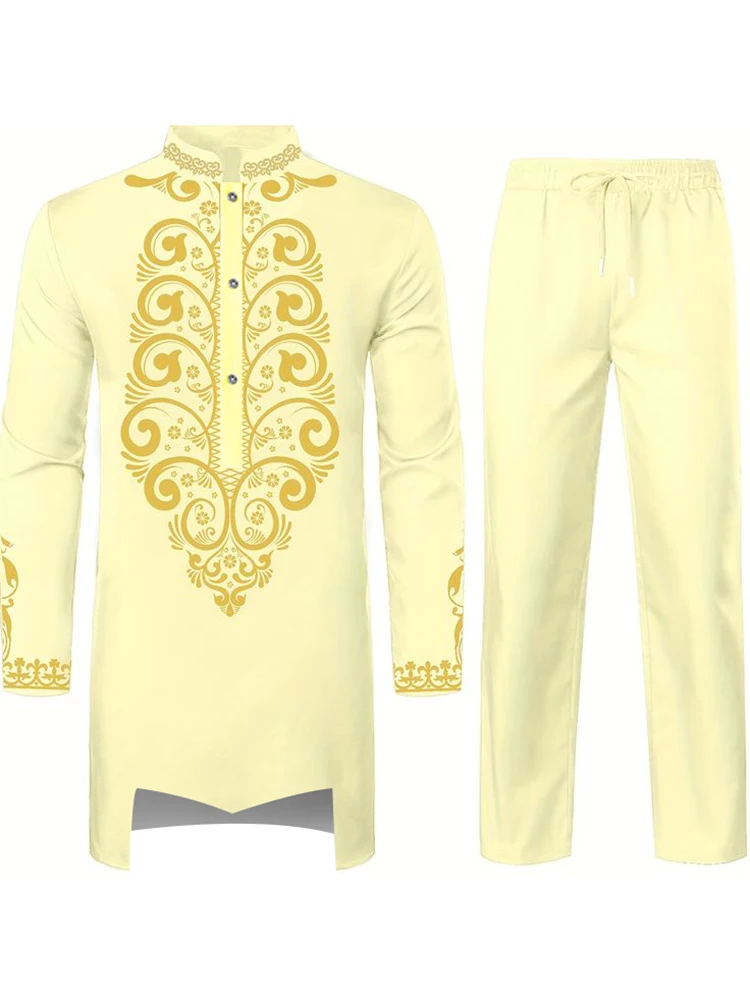 Robe Musulmane Motif 3D Impression Noir Blanc Jaune Bleu Marine Pantalon À Manches Longues La Robe Traditionnelle des Hommes Arabes