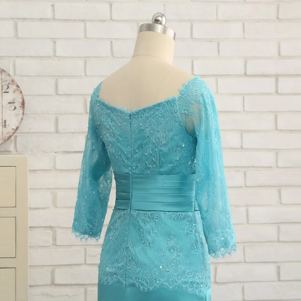 Turquoise Mother Of The Bride Dresses A-line 3/4 Sleeves Chiffon Lace Beaded Plus Size Long Groom Mother Dresses For Wedding