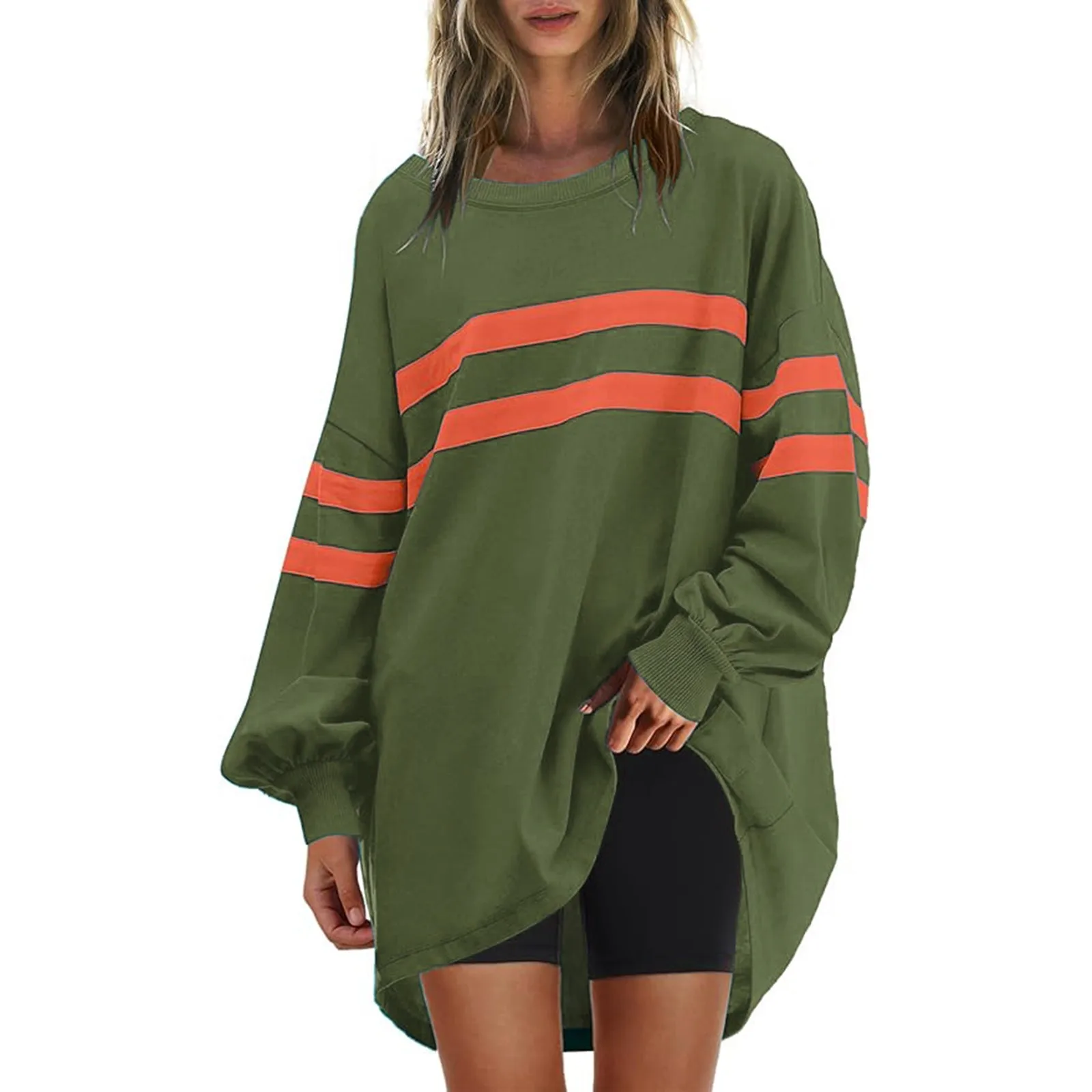 

Womens Striped Crewneck Sweatshirts Oversized Sleeve Color Block Shirts Mid Length Hoodie Y2k Workout Tops For Women Streetwear