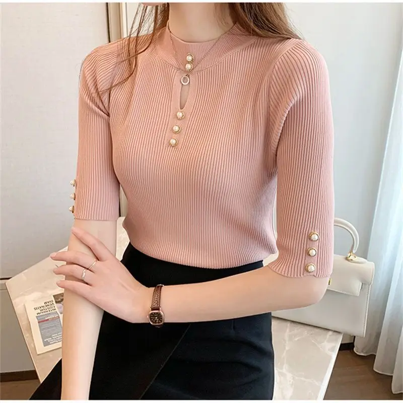 Temperament Short Sleeve T-shirt Women\'s Summer New Fashion Solid Half High Neck Knitted Slim Fit Top Underlay Shirt Ins Tank