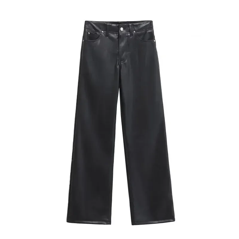 Black Leather Pants Ladies Fashion Basics Woman Trousers England Style Straight Pants Vintage Autumn Y2k Trousers