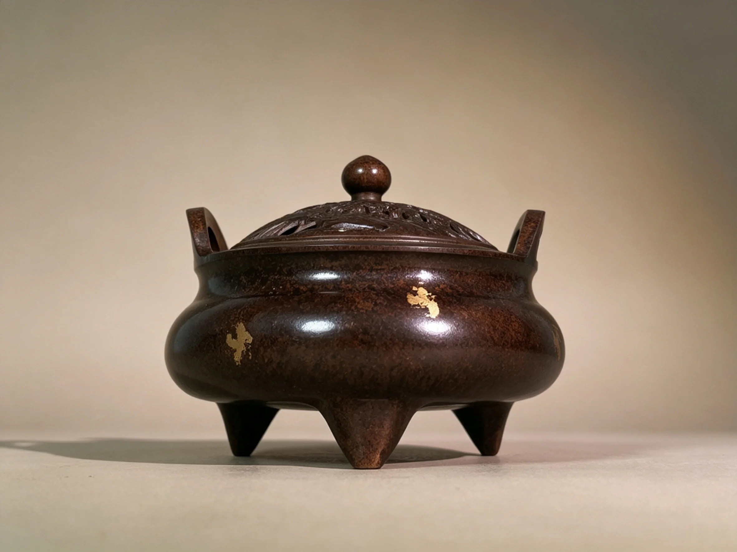 Smudge Incense Burner Crafted of Pure Copper with Spotted Copper and Gold Inlay Techniques, Zen-style Desktop Ornament for Home