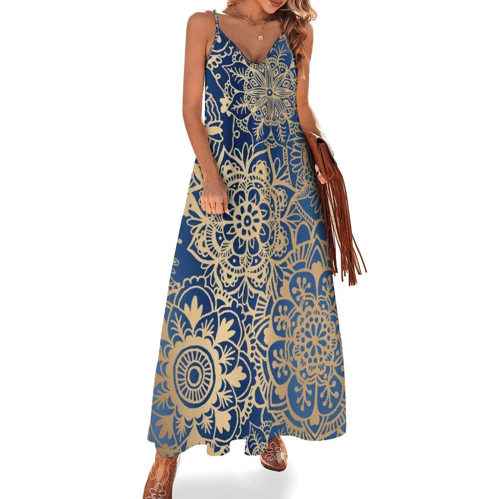 

Blue and Gold Mandala Pattern Sleeveless Dress dresses women summer 2024 dress summer 2024 women