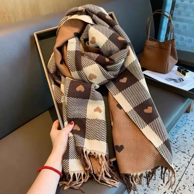 

Women's Coffee Brown Heart Plaid Faux Cashmere Scarf 2026 Thickened Double-Sided, Warm Fall Winter Shawl Blanket Scarf