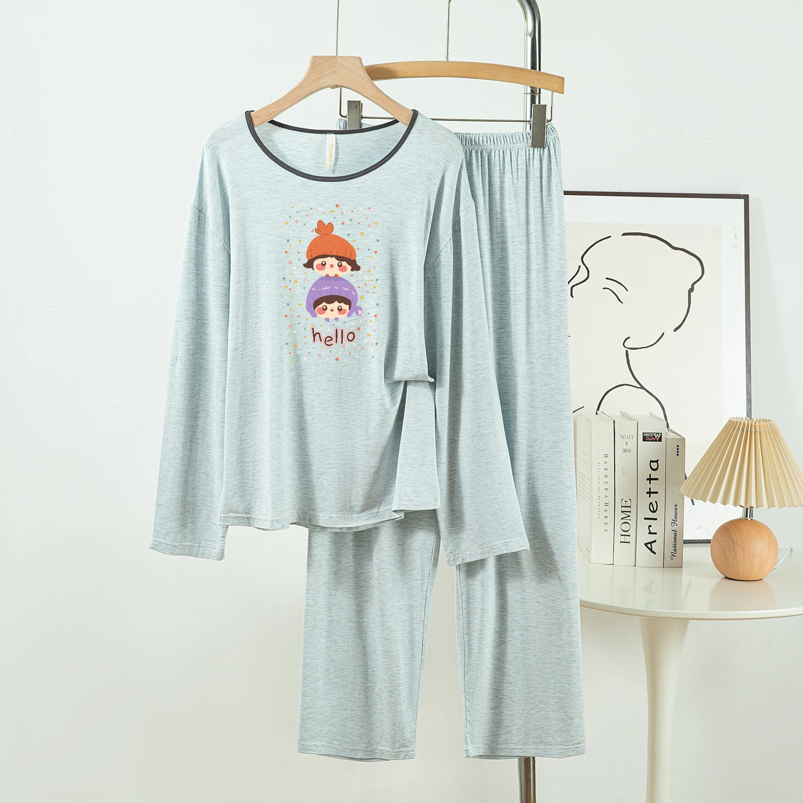 

5181-179 Casual and Comfortable Modal Cotton Pajamas for Women, New Spring and Autumn Long-Sleeved Long Pants Solid Color Casual