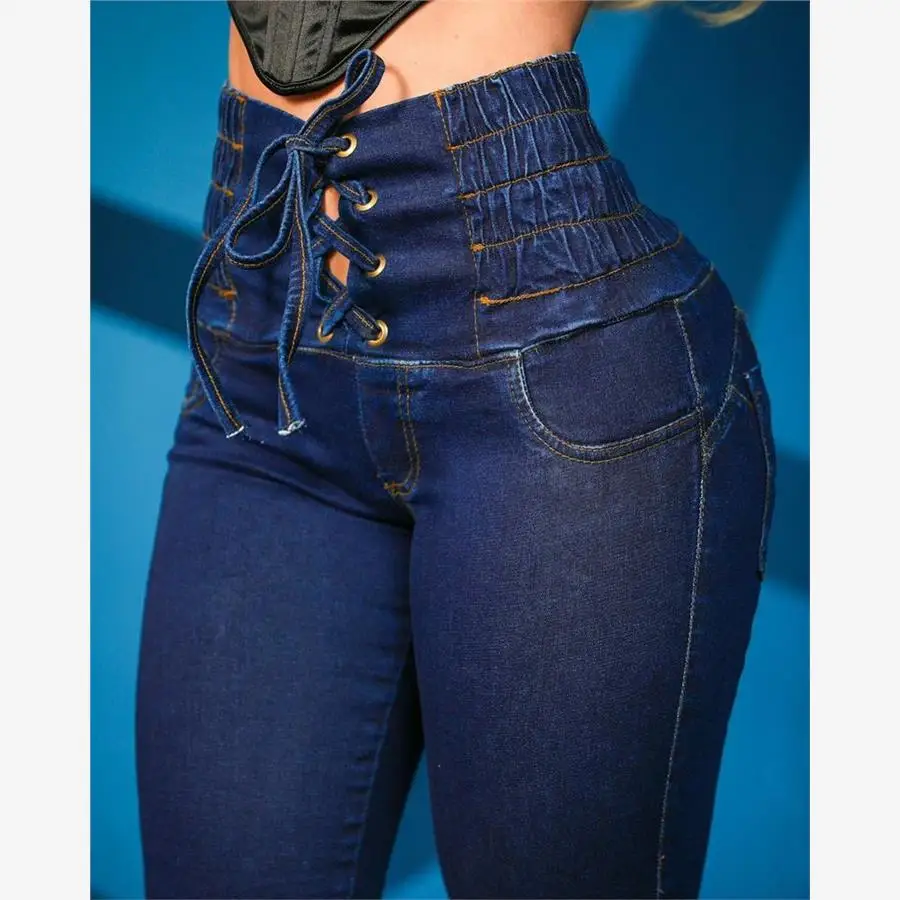 

Облегающие джинсы с высокой талией, узкие джинсы на шнуровке, хлопковые эластичные брюки с высокой посадкой и контролем живота для женщин