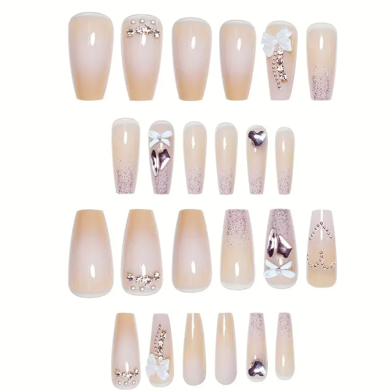 24 قطعة لون عاري لطيف اضغط على الأظافر الأبيض Bowknots لامعة الماس الترتر تصاميم الأظافر كاذبة الكورية نمط الحلو وهمية مسمار