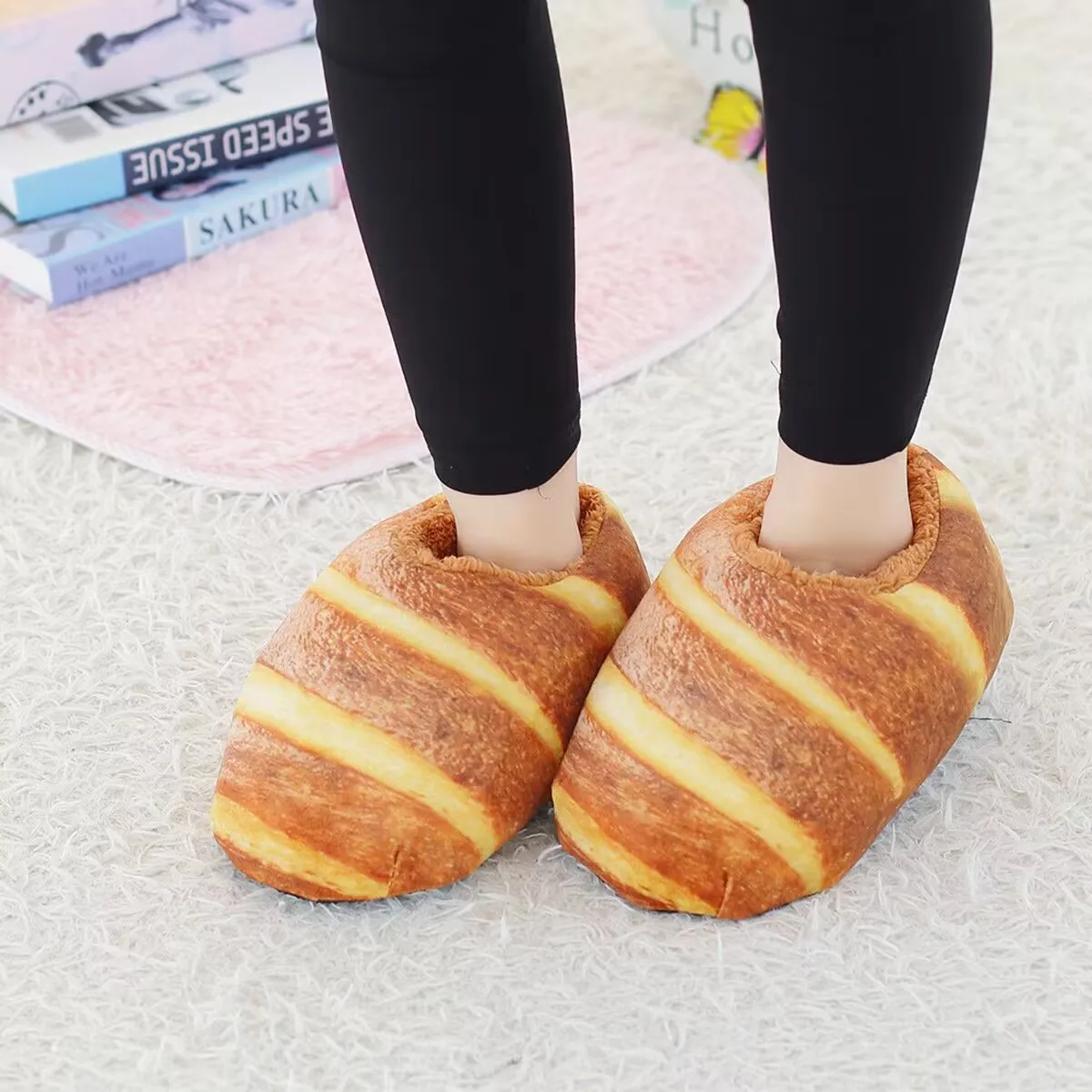 Fake imitation bread slippers lazy women slip on fur slides ladies winter footwear desginer faux toast pineapple durian slippers