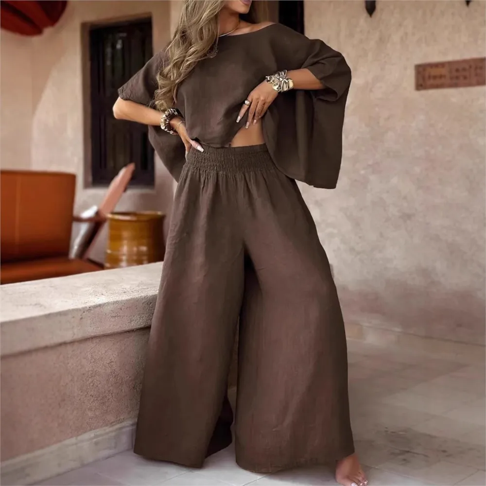 

Retro Loose O Neck Off-the-shoulder Women's 2piece Set Fashion 9/4 Sleeve Simple Wide-leg Long Pants Female Casual Vacation Set