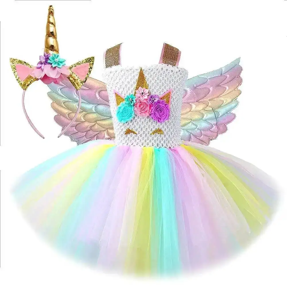 マクロンフラワーユニコーンコスチューム女の子の誕生日バレエチュチュ衣装子供のためのハロウィンクリスマスドレス新年服